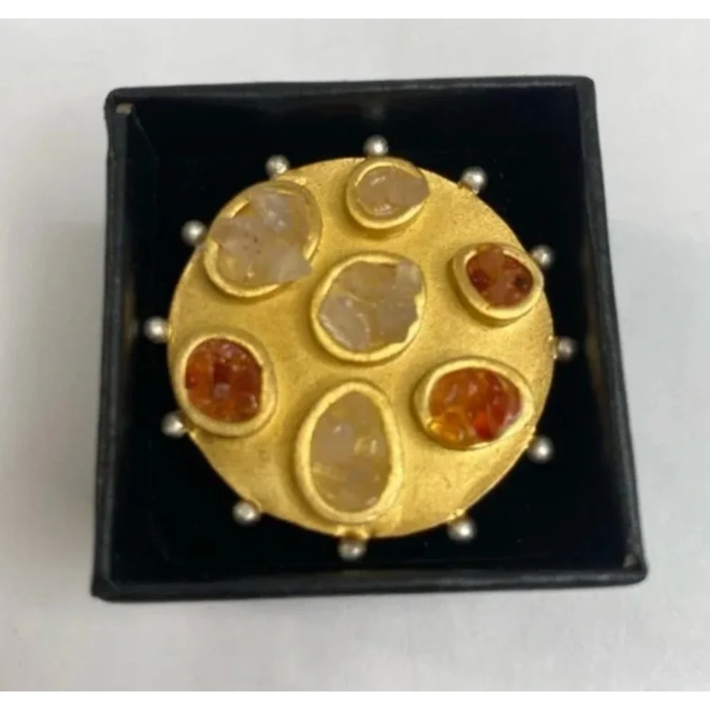 Pame Designs Gold tone Boho Statement ring size 6 1/2 Smokey quartz. Unique Rare